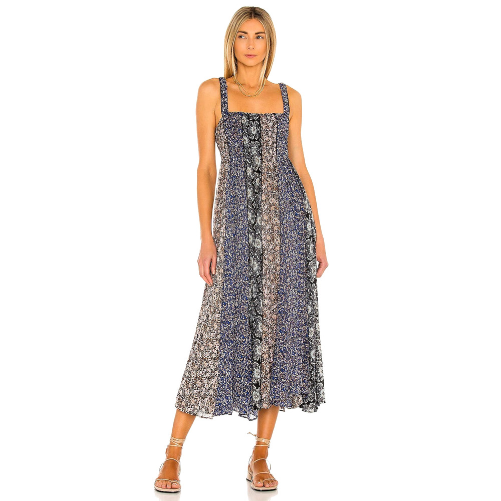 Free People Come Together Black Combo Smocked Maxi Dress Size XL
